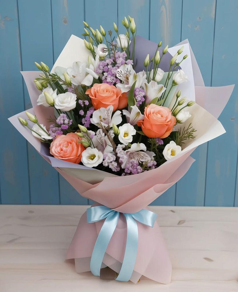 Букет цветов из: Лизиантусы, Розы, Альстромерии и Гипсофила в Глазуновке