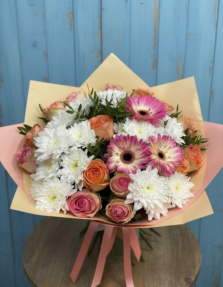 Букет цветов из: Розы, Герберы и Хризантемы в Глазуновке