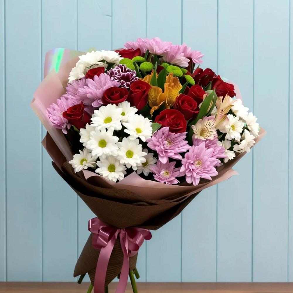 Букет цветов из: Розы, Хризантемы и Альстромерии в Глазуновке