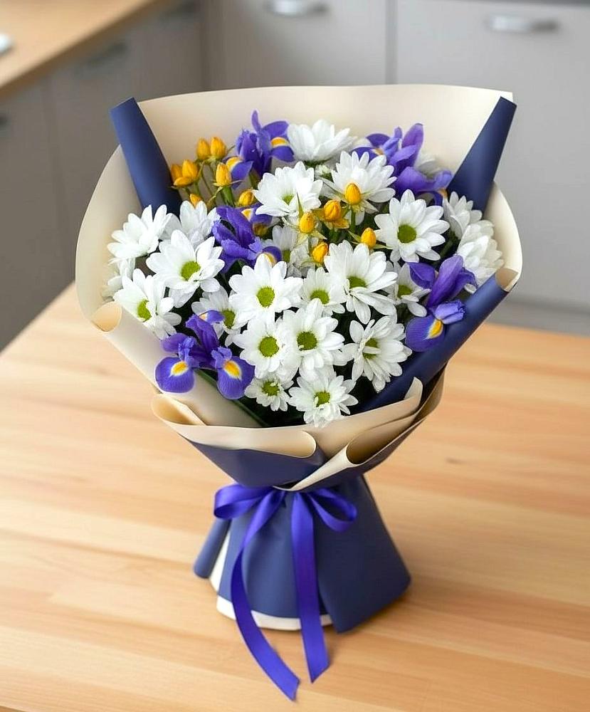 Букет цветов из: Розы, Ирисы и Хризантемы в Глазуновке