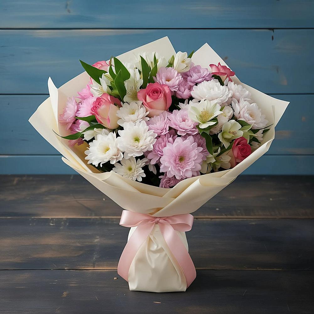 Букет цветов из: Хризантемы, Альстромерии и Розы в Глазуновке